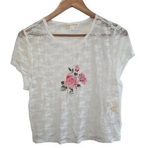 Sugar Moon Y2K Lace Blouse Women Size XL White Roses Sheer Fairy Romantic Retro